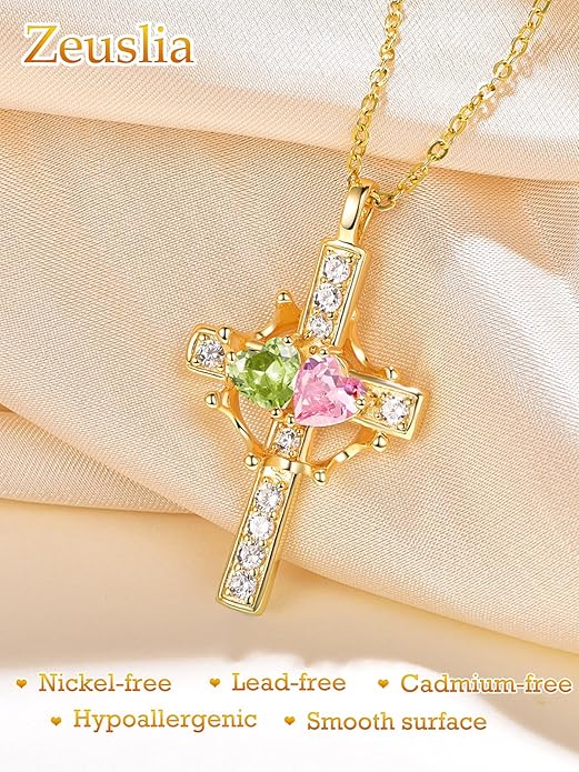 Zeuslia Double Birthstone Necklace Gifts for Wife - 925 Sterling Silver Sunflower/Rose/Crown Cross/Compass/Heart Pendant I Love You Necklace, Anniversary Birthday Gifts for Wife Girlfriend Mom Her