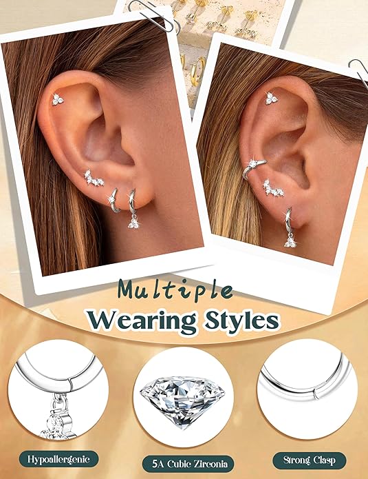 Florideco 925 Sterling Silver Earrings for Women Trendy Hypoallergenic Small Gold Hoop Earrings 14K Gold Plated Stud Earring Sets for Multiple Piercing CZ Ear Cuff Cartilage Earring Stacks