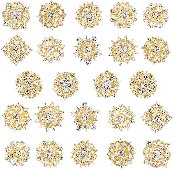 Assorted Small Size Crystal Rhinestone Flower Brooch Pins Set for Crafts Embellishment, Wedding Bouquet Brooches for Women Fashion