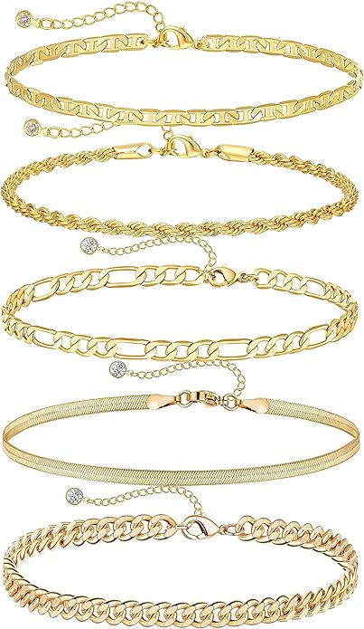 DEARMAY 14K Gold Plated Ankle Bracelets for Women Waterproof - Dainty 6Pcs Anklets Layered Cuban Link Chain Herringbone Cute Anklets Set Pack Summer Beach Jewelry Gift for Women Teen
