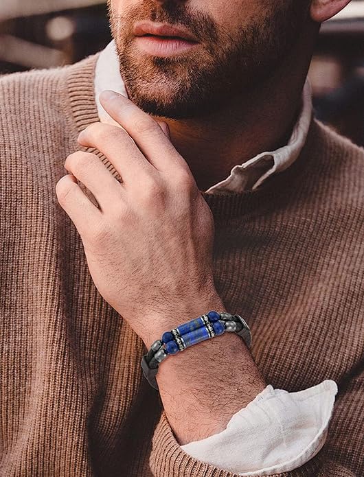 Lapis Lazuli Bracelets for Men Leather Black Bracelet