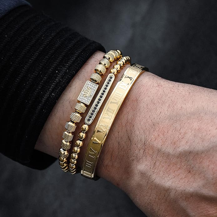 WFYOU 3PCS Stainless Steel Bracelets for Men Gold Roman Numeral Bangle Bracelet Twisted Cable Bracelet Adjustable Cuff Bracelet Mens Luxury Jewelry Bracelets Gifts