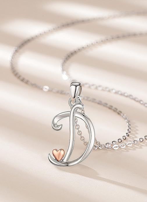CELESTIA 925 Sterling Silver Initial Necklaces 26 Letter with Rose Gold Heart - 18 Inch Chain