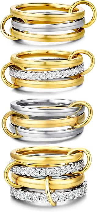 4 Pack Interlocked Stackable Rings for Women - 14K Gold Plated Statement 4 Mixed Metals Multi Ring Stack - Cubic Zirconia Two-Toned Connected Bands Stacking Jewelry