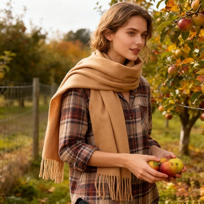 WASALUYA Wool Scarf for Women & Men, 100% Wool Scarves Wrap Shawl with Tassels, Elegant Soft Winter Scarf for Fall and Winter