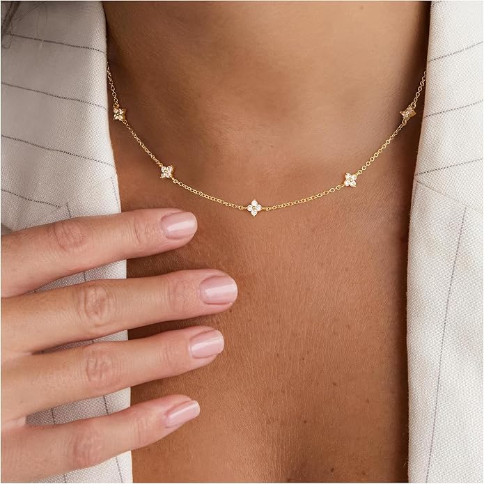 Yoosteel Dainty Gold-plated Clover Pearl Heart Butterfly Star flower Choker Necklace for Women - 14K Gold Plated Cubic Zirconia Pendant Station Necklaces for Women Teens Trendy Prom Jewelry Gifts
