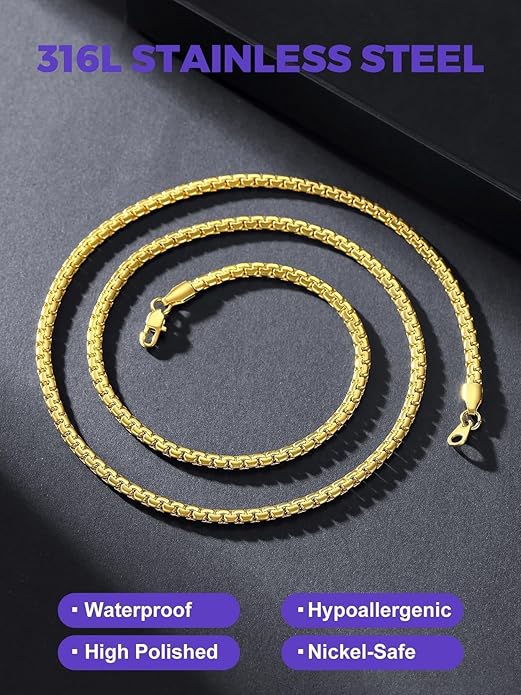 Richsteel Stainless Steel Mens Flat Link Chain Necklace, Black/Gold/Steel Chain for men, 2mm/4mm/6mm Width, No Tarnish & Hypoallergenic Hip Hop Jewelry, 18"-30" Length