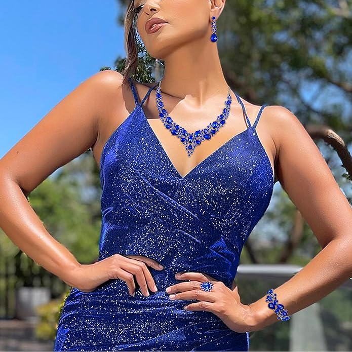 BriLove Wedding Bridal Jewelery for Women Austrian Crystal Teardrop Cluster Statement Necklace Dangle Earrings Link Bracelet Set