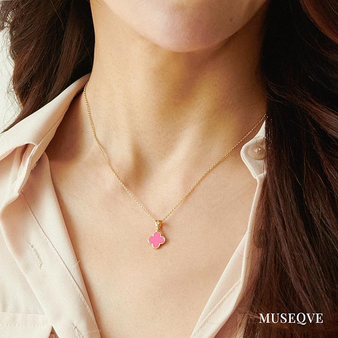 MUSEQVE Four Leaf Clover Necklace for Women Dainty Mother of Pearl White Black Onyx Pink Blue Mint Green Crystal Lucky Clover Pendant 14K Gold Plated Jewelry Gifts [CVRN]