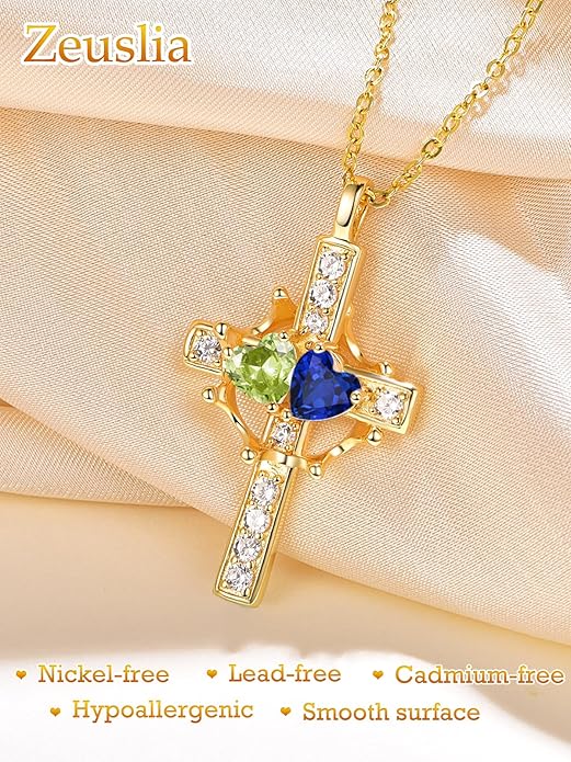Zeuslia Double Birthstone Necklace Gifts for Wife - 925 Sterling Silver Sunflower/Rose/Crown Cross/Compass/Heart Pendant I Love You Necklace, Anniversary Birthday Gifts for Wife Girlfriend Mom Her