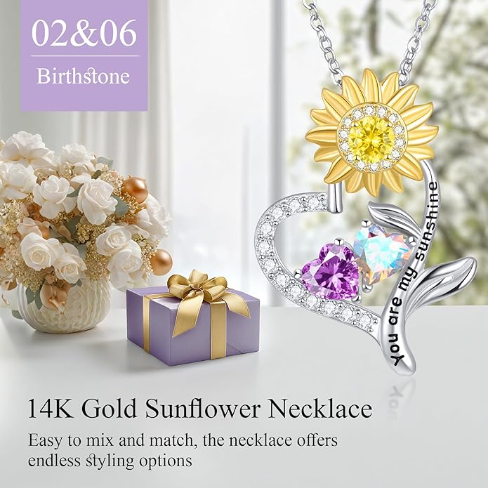 PERJI Valentine's Day Gifts for Women - 925 Sterling Silver Double Birthstone Sunflower Necklace, Anniversary Birthday Jewelry You are My Sunshine Gifts for Wife Couple Girlfriend 18"+2" Non Tarnish