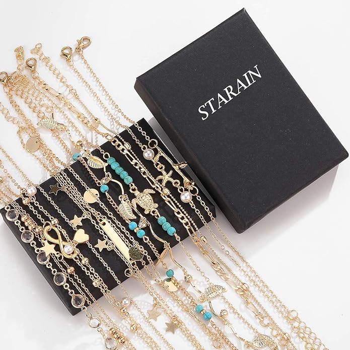 Starain 12Pcs Summer Beach Anklets for Women Waterproof Gold Silver Chain Ankle Bracelets Cute Women's Foot Anklet Set 7.9-10.5 inch Adjustable