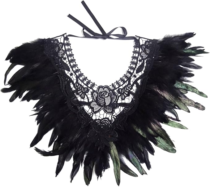 L'VOW Real Black Feather Harness Lace Collar Necklace Bib Halloween