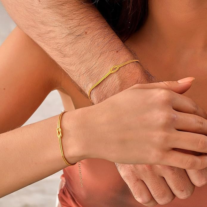 Matching Bracelets for Couples，Dainty Gold Love Knot Bracelet 14K Gold Plated Herringbone Chain Bracelet Relationship Jewelry Gifts for Best Friend