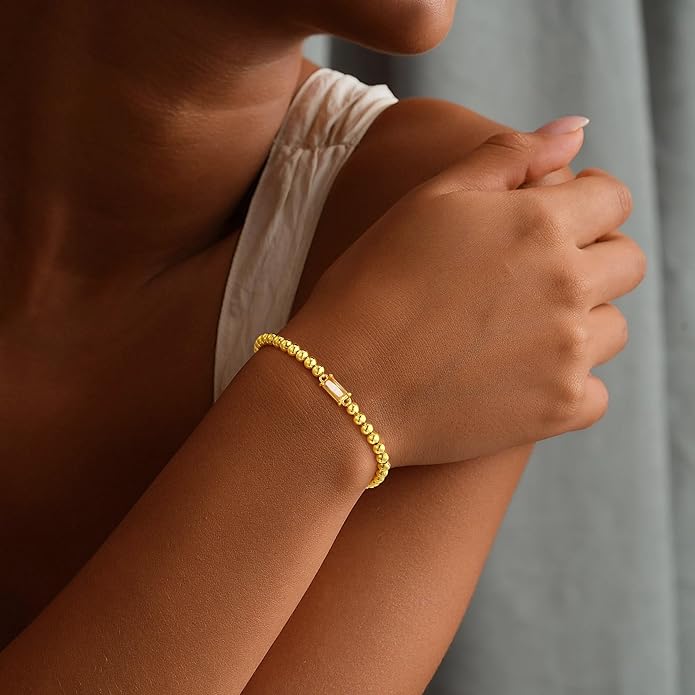 Yoosteel Dainty Birthstone Bracelet for Women - Elastic 14K-Gold-Plated Bead Bracelets Trendy Friendship Birthday Jewelry Gifts Christmas Stocking Stuffer for Women