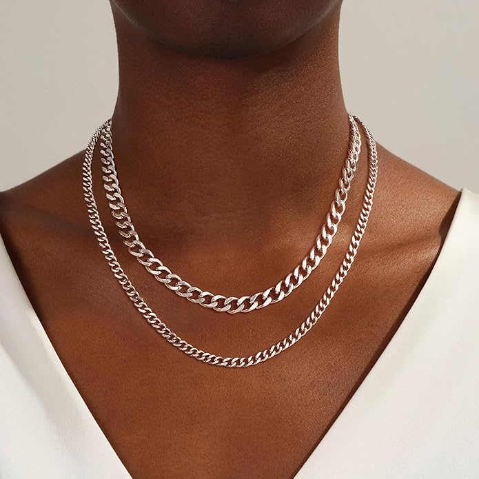 Moodear Layered Necklace for Women Trendy Chunky 14K Gold Plated/Sliver Plated Chain Necklace Cuban Link Paperclip Chain Toggle Clasp Necklace Fashion Jewelry