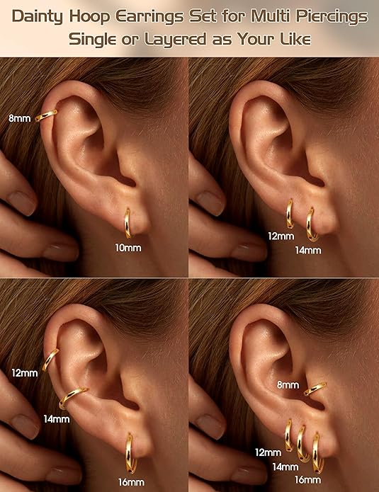 Kakonia 5 Pairs Small Sterling Silver Hoop Earrings Set for Women, 18k Gold Plated Huggie Hoop Earrings, Lightweight Hoop Earrings for Women Hypoallergenic, Cartilage Earring Sets for Multiple Piercing