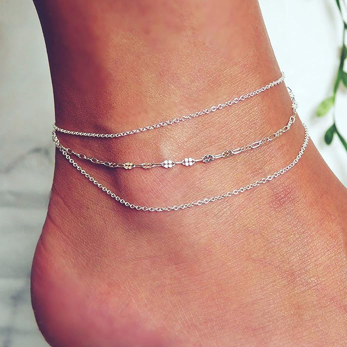 Pencros Dainty Layered Anklet,14K Gold Filled Cute Beads Satellite Chain Heart Boho Adjustable Anklets for Women