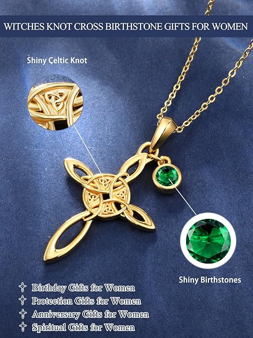 Witches Knot Necklace for Women, 14K Gold Celtic Knot Cross Jewelry with Triquetra Trinity with Birthstone Pendant, Birthday Witchy Spiritual Gifts for Her Wife Mom Grandma, 18+2 Inch Chain