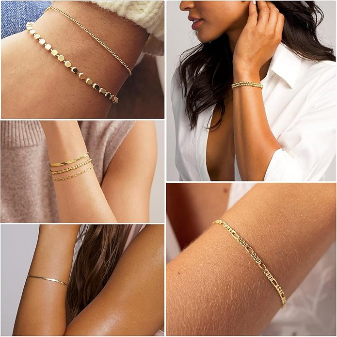DEARMAY 14K Gold Plated Bracelets for Women Waterproof, Jewelry Sets Trendy Thin Dainty Stackable Cuban Link Paperclip Chain Bracelet Pack Fashion Accessories Gifts for Womens