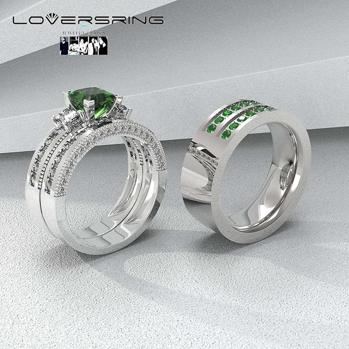 TWO RINGS Wedding Ring Sets His And Hers Promise Ring Couples Bridal Sets Women 925 Sterling Silver square Cz Man Stainless Steel Brushed Finished Wedding Bands