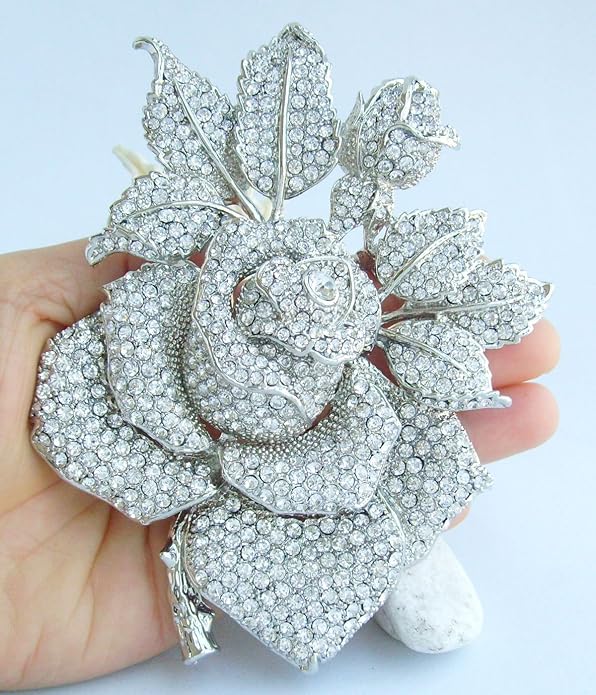 Gorgeous Wedding 5.32" Big Rose Flower Brooch Pin Austrian Crystal Pendant BZ2994