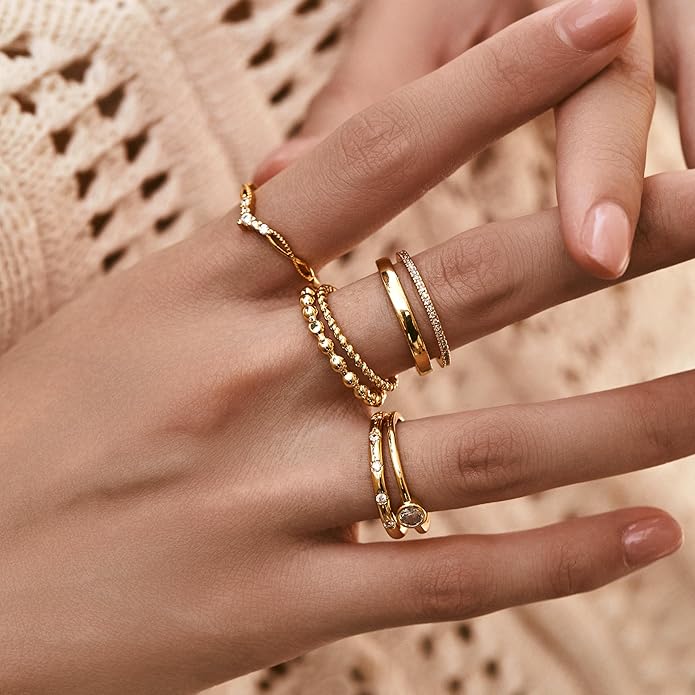 LOFITOR 6PCS Stackable Gold Rings for Women Non Tarnish Trendy Dainty 14K Gold Filled Stacking Cubic Zirconia Thumb Ring Set Pack Statement Chunky Band Rings Promise Engagement Rings Size 6-10