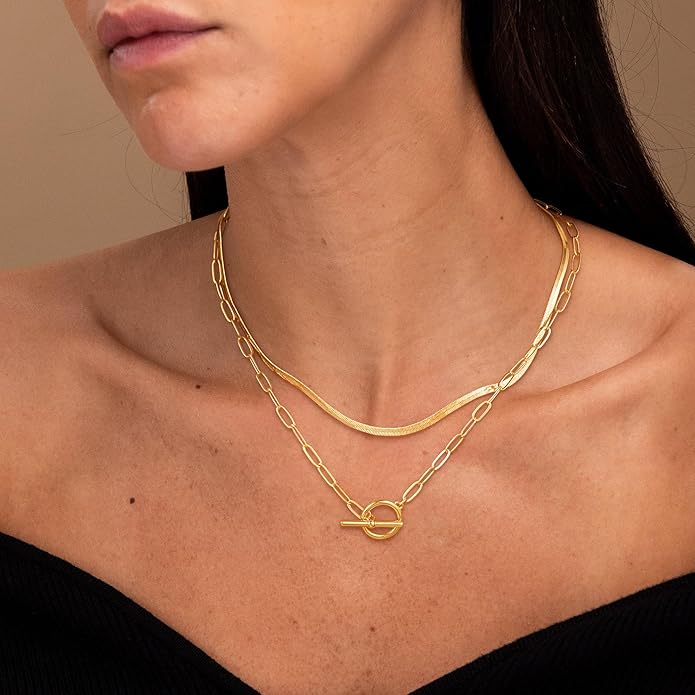CHESKY 14K Gold Plated Layered Herringbone Necklaces for Women, Trendy Paperclip Snake Chain Necklace Cuban Link Simple Chunky Toggle Clasp Necklace Set Fashion Jewelry