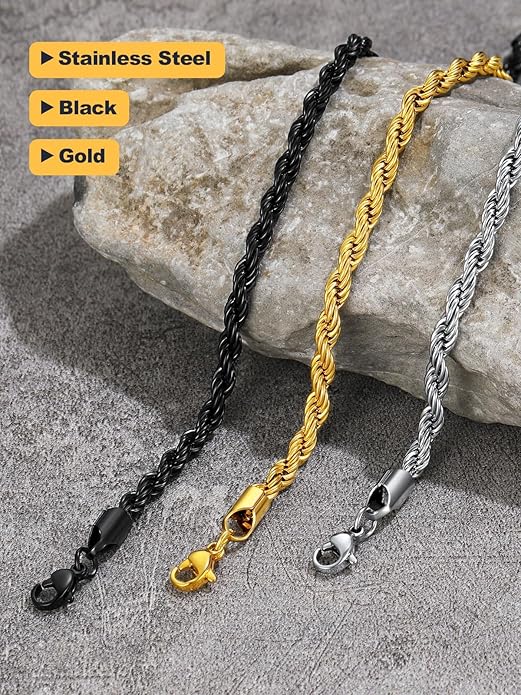 U7 Link Bracelets for Men, Cuban Link/Rope/Watch Band Solid Bracelet, Silver Black Gold Color Wrist Bracelet 3/6/9/12/15mm Width, 6.5/7.5/8.3 Inch Length, Hand Chain Jewelry for Mens Women