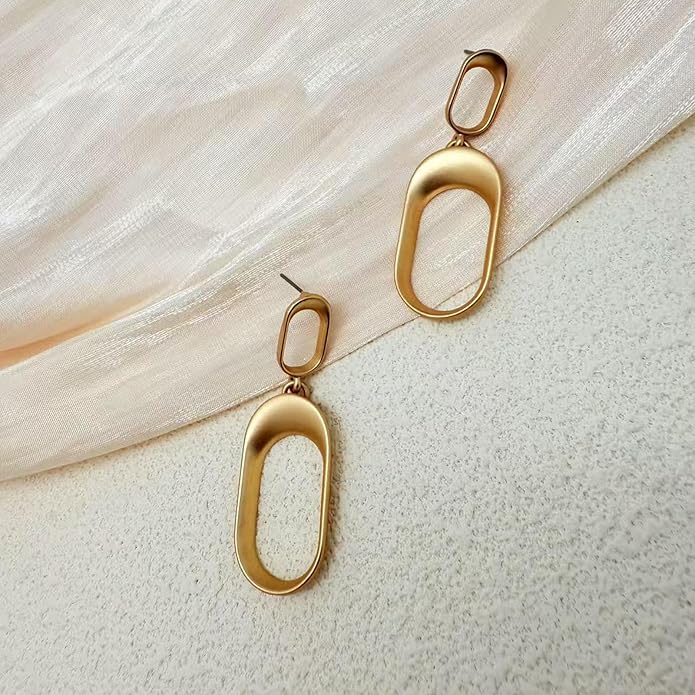 Stud Earrings for Women 14k Gold Plated Geometric Dangle Earrings Lightweight Minimalist Handmade Hammered Texture Oval Disc Drop Double-layer Big Hoop Dangle Earrings for Women