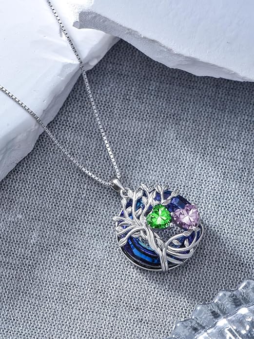 TOUPOP s925 Sterling Silver Family Celtic Tree of Life Pendant Necklaces with 2 Heart Birthstone with Blue Austrian Crystal Jewelry Birthday Anniversary Christmas Gifts for Her Wife Girlfriend Mom (18K Real White Gold Filled)