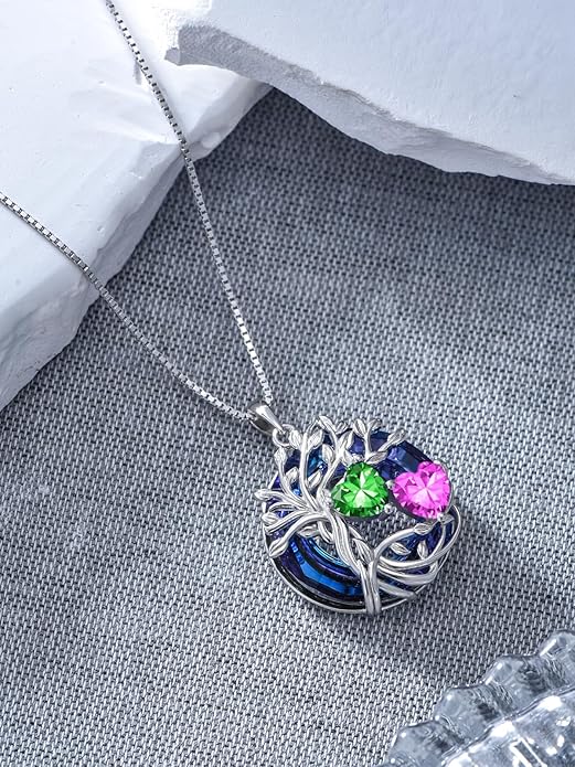 TOUPOP s925 Sterling Silver Family Celtic Tree of Life Pendant Necklaces with 2 Heart Birthstone with Blue Austrian Crystal Jewelry Birthday Anniversary Christmas Gifts for Her Wife Girlfriend Mom (18K Real White Gold Filled)