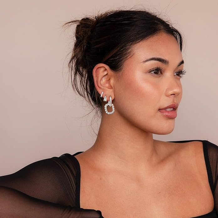 3 Pairs Earrings Set for Multiple Piercings, Gold Plated Studs Hoop Earrings Stack, CZ Dangle Earrings Set, Hypoallergenic for Sensitive Ears, Women's Gift