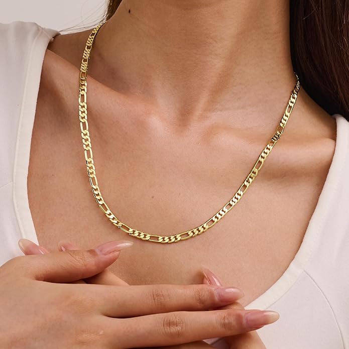 AHSIWC 14K Gold Chain Necklaces for Women & Men, 5mm Simple Figaro Link Chain Womens, Dainty Non-tarnish Necklace Unisex Size 18-24 Inches Cadenas De Oro Para Mujer 14K