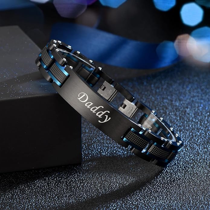Men's Stainless Steel Two-Tone Square Link diamond Bracelet in Black & Blue Ion-Plated Black