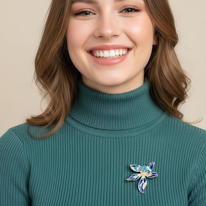 Multi-Color Enamel Flower Brooch For Women Gold Tone with Blue Zircon Crystal Accents, Vibrant Brooches Pin for Dresses Blazers