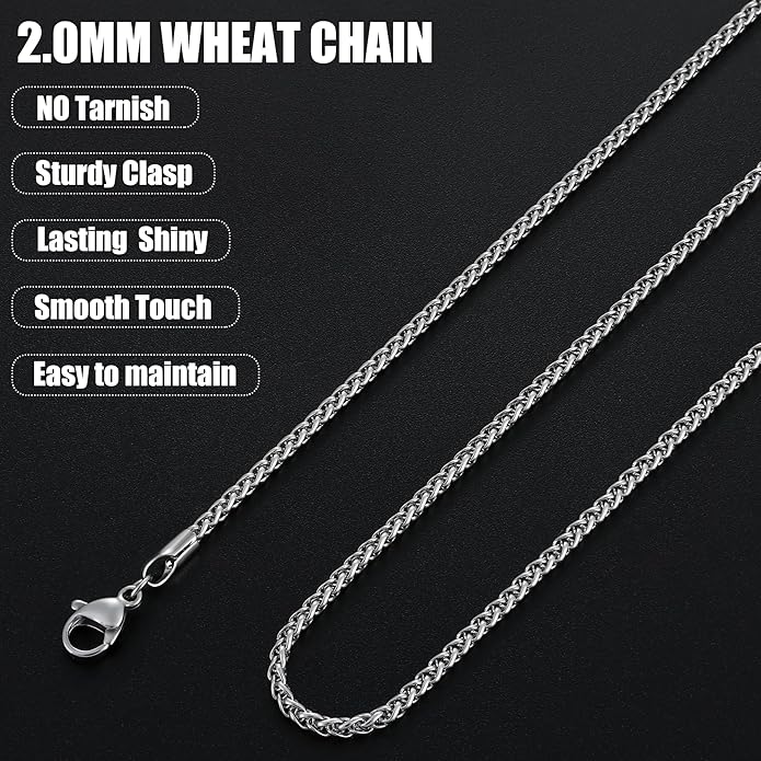 Fiusem Black Wheat Chains for Men and Women, 2/2.5/3/4/5mm Stainless Steel Necklace Chain, Mens Necklace Jewelry Gift 16-28 Inch