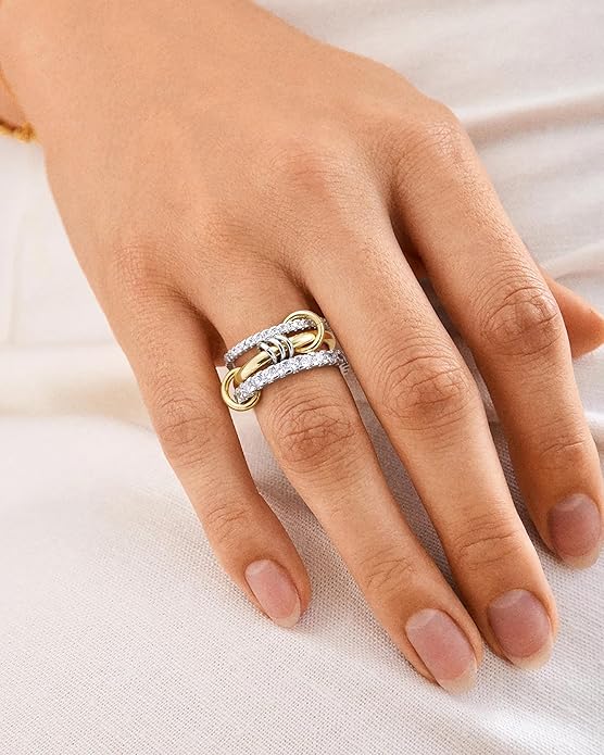 Gold Stackable Rings for Women, Non Tarnish 14K Gold Plated Cubic Zirconia Mixed Metals Stacking Connected Rings Set Jewelry Gifts