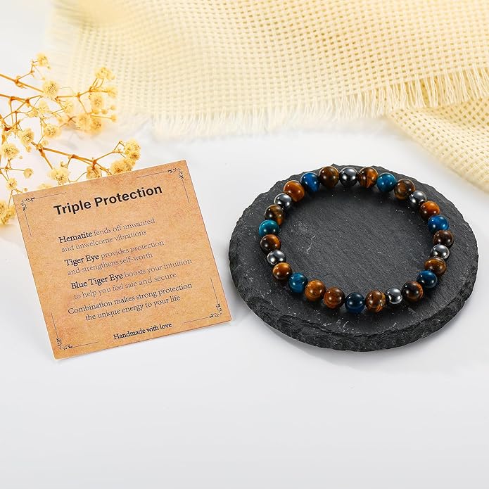 Triple Protection Bracelet for Men, Mens Black Obsidian Hematite Tiger Eye Beaded Natural Stone Evil Eye Bracelet Jewelry Gifts for Birthday Christmas