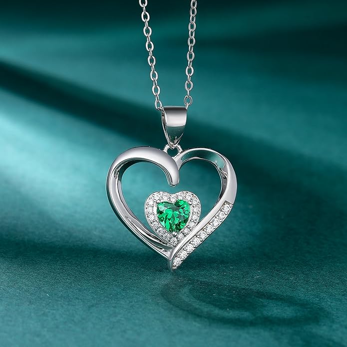GLIVEOR Heart Birthstone Necklace for Women,S925 Sterling Silver Necklace Birthstone Necklace Heart Necklace for Women Birthday Jewelry Gifts for Women