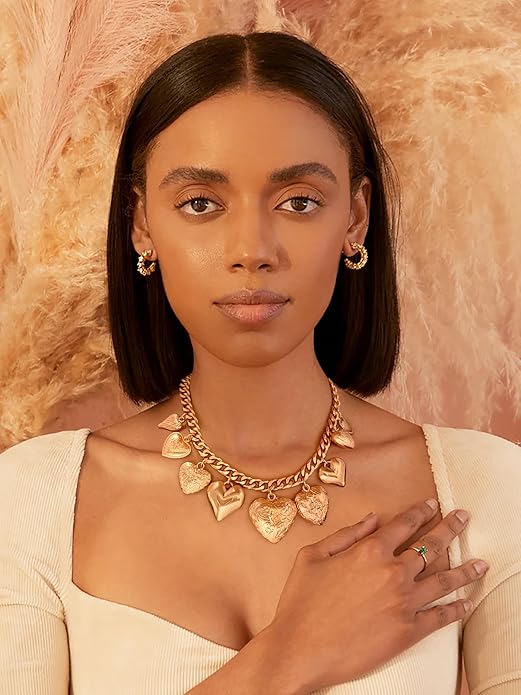 CLASSYZINT Gold Heart Pendant Necklace for Women Puffy Heart Necklace Beads Chain Necklace Statement Necklace Trendy Jewelry