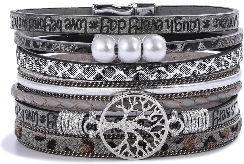 FANCY SHINY Tree of Life Leather Wrap Bracelet Inspirational Cuff Bangles Boho Pearl Bracelets with Magnetic Clasp Unique Jewelry Gifts for Women