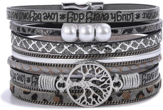 FANCY SHINY Tree of Life Leather Wrap Bracelet Inspirational Cuff Bangles Boho Pearl Bracelets with Magnetic Clasp Unique Jewelry Gifts for Women