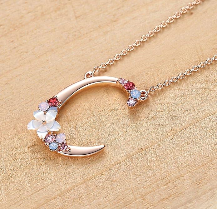 Flower Initial Letter Necklace Pink Red Blue Simulated Pearl Pendant Name Jewelry Made with Austrian Crystals Rose Gold Plated Anniversary Birthday Gifts for Women,18"+2"