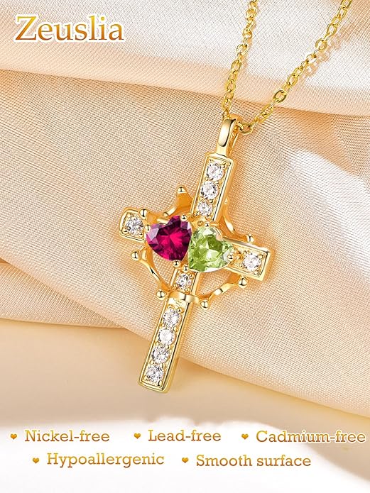 Zeuslia Double Birthstone Necklace Gifts for Wife - 925 Sterling Silver Sunflower/Rose/Crown Cross/Compass/Heart Pendant I Love You Necklace, Anniversary Birthday Gifts for Wife Girlfriend Mom Her