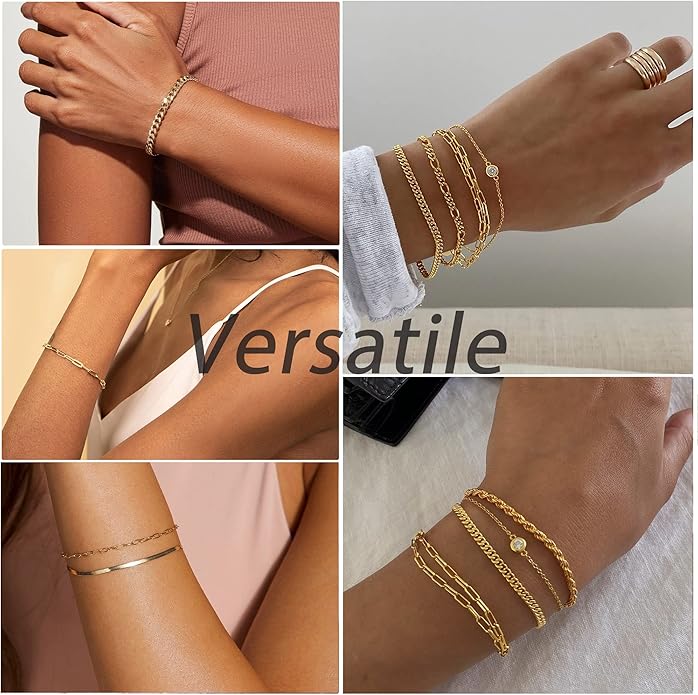 DEARMAY Waterproof Gold Plated Bracelets Set for Women Trendy, Dainty 14K Gold Jewelry Fashion Stackable Tennis Beaded Figaro Herringbone Paperclip Link Bracelet Pack Stack Gifts for Women