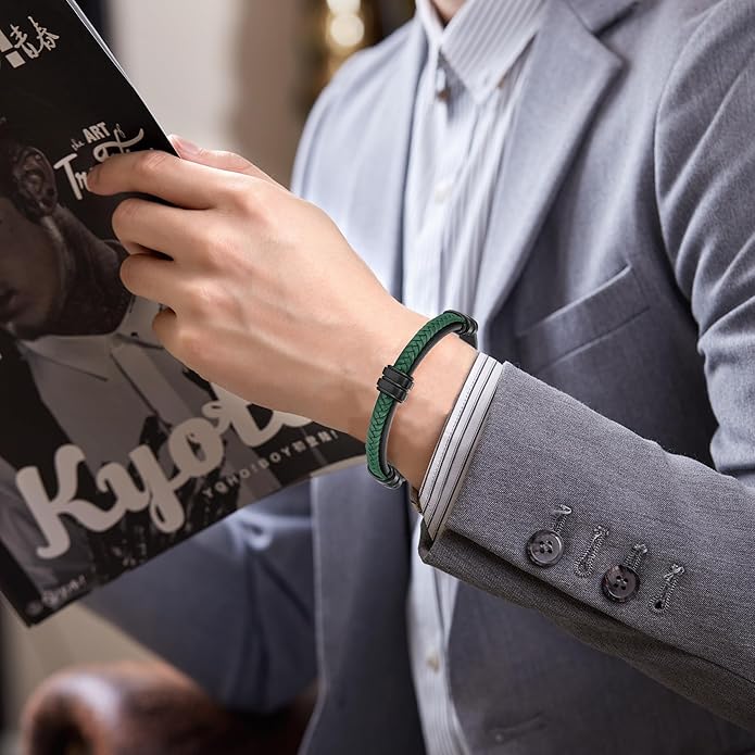 Leather Bracelet for Men with Adjustable Stainless Steel Magnetic Clasp Multi-Layer Braided Mens Leather Bracelet