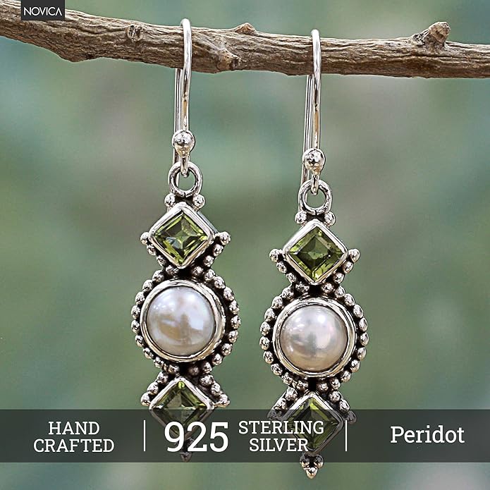 NOVICA Artisan Crafted Sterling Silver Cultured Pearl Peridot Earrings | Multi Gemstones Dangle | Cluster pearl Freshwater | Hypoallergenic Jewelry | Lead & Nickel Free | Long French Wire Hook | '