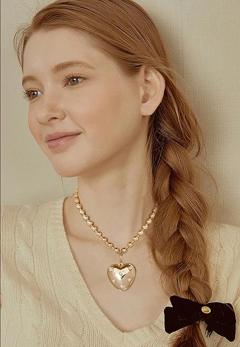 CLASSYZINT Gold Heart Pendant Necklace for Women Puffy Heart Necklace Beads Chain Necklace Statement Necklace Trendy Jewelry