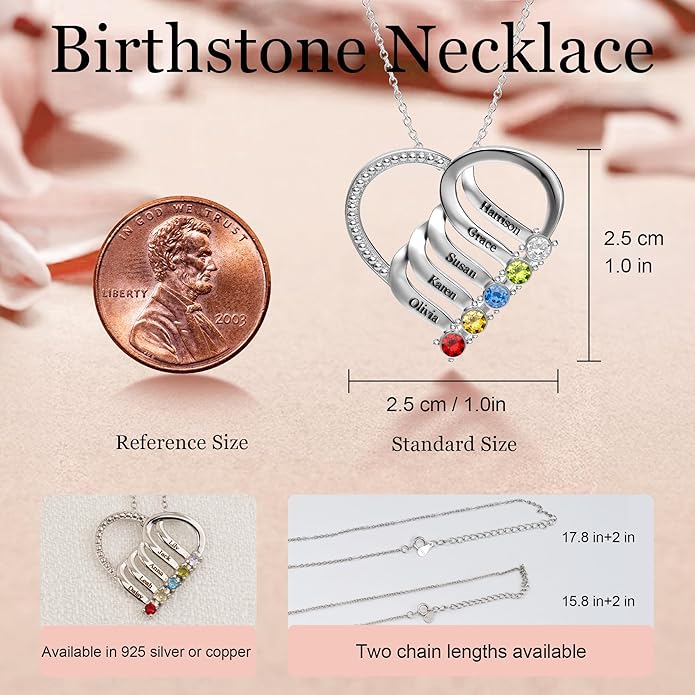Easycosy Custom Name Necklace with Simulated Birthstones Customized Promise Necklace Heart Pendant with Engraved 2-6 Names - Anniversary Birthday Christmas Jewelry Gifts for Women Wife Mom Grandma